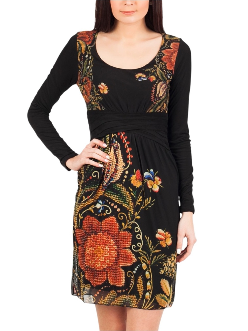 Desigual Hedo Black Floral Slinky Mesh Lined Long Sleeve Midi Dress - Large